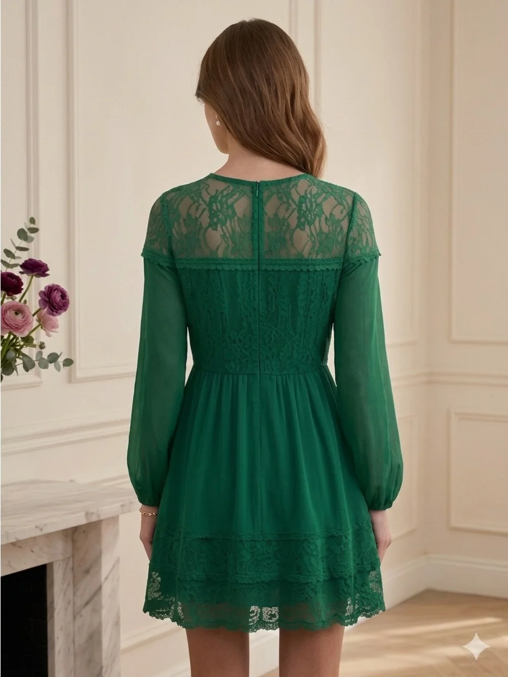 Villa Emerald Green Lace Long Sleeve V-Neck Fit & Flare Mini Dress Size XS - Picture 2 of 6